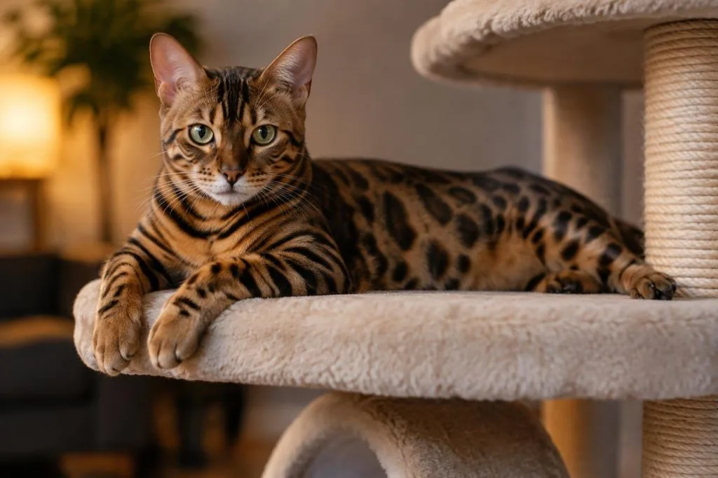Chat Bengal allongé sur un arbre à chat, regardant l'objectif avec intensité, mettant en valeur sa robe tachetée et ses yeux expressifs.