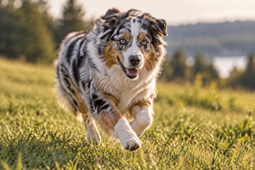 Berger Australien bleu merle athlétique courant dans un champ d'herbe avec un regard vif et concentré.