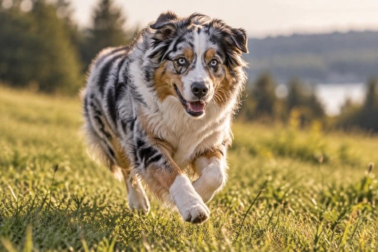 Berger Australien bleu merle athlétique courant dans un champ d'herbe avec un regard vif et concentré.