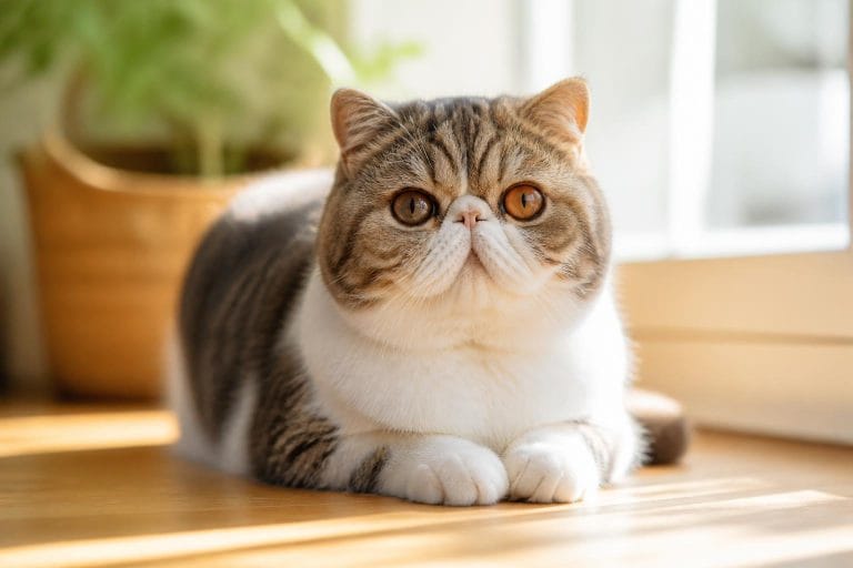 Chat Exotic Shorthair adulte au pelage court et au visage rond, assis sur un coussin dans un salon lumineux