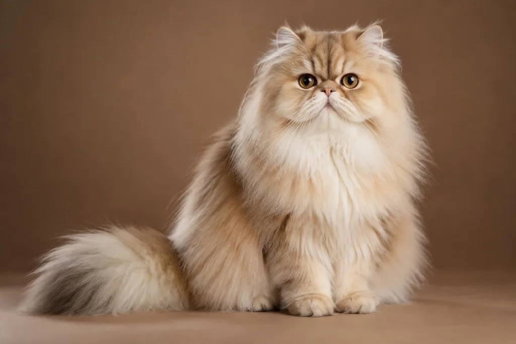 Chat persan adulte au pelage long et soyeux posant avec élégance sur un fond uni neutre en photo réaliste.