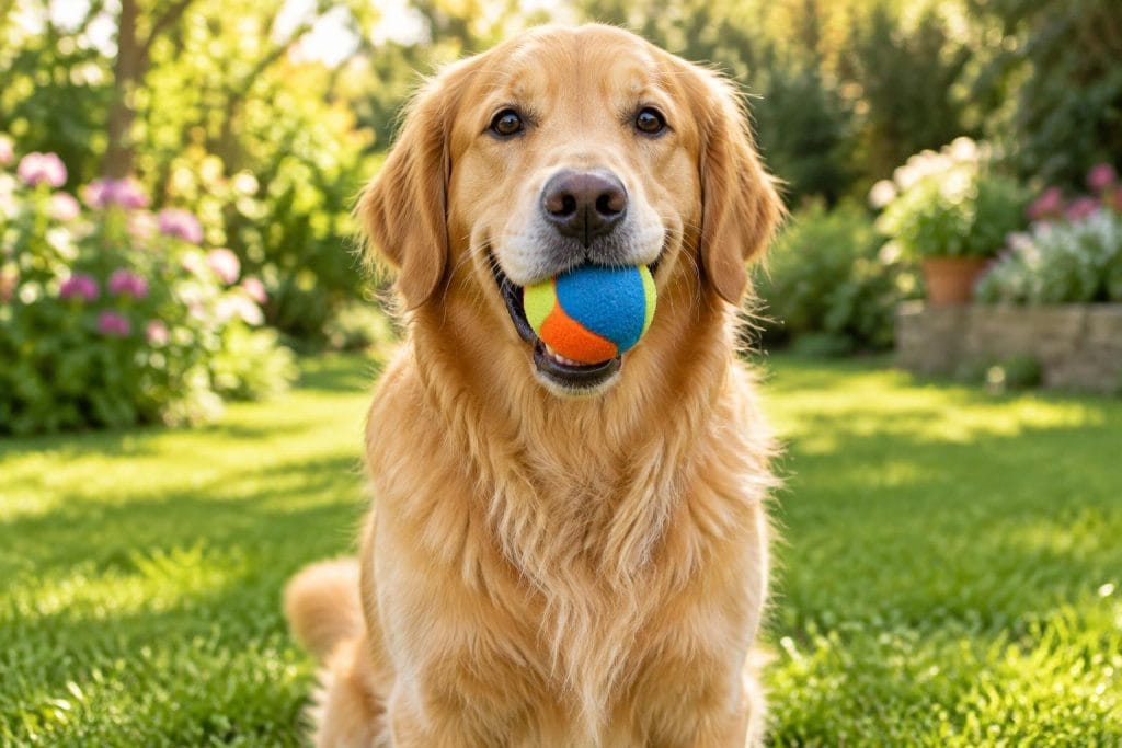 Golden retriever adulte souriant assis dans un jardin ensoleillé tenant une balle colorée dans sa gueule.