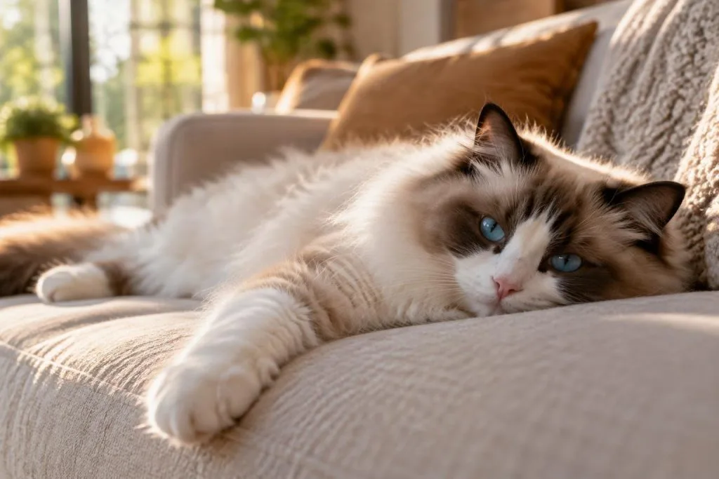 Chat Ragdoll bicolore aux yeux bleus allongé de manière détendue sur un canapé clair dans une ambiance chaleureuse.