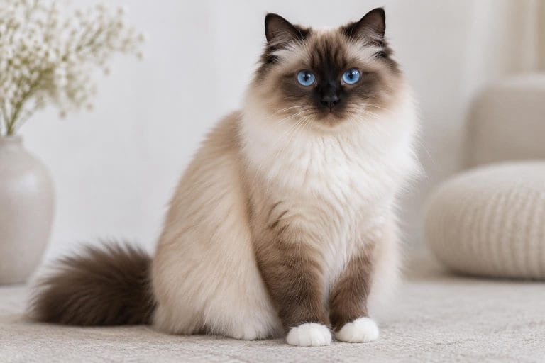 Chat Sacré de Birmanie adulte assis, pelage crème avec points seal, yeux bleus et gants blancs sur fond neutre.