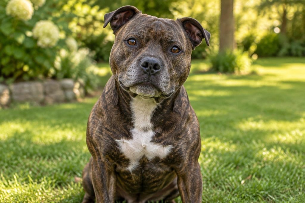 Staffordshire Bull Terrier bringé assis dans un jardin ensoleillé, regardant l'objectif avec confiance et affection.