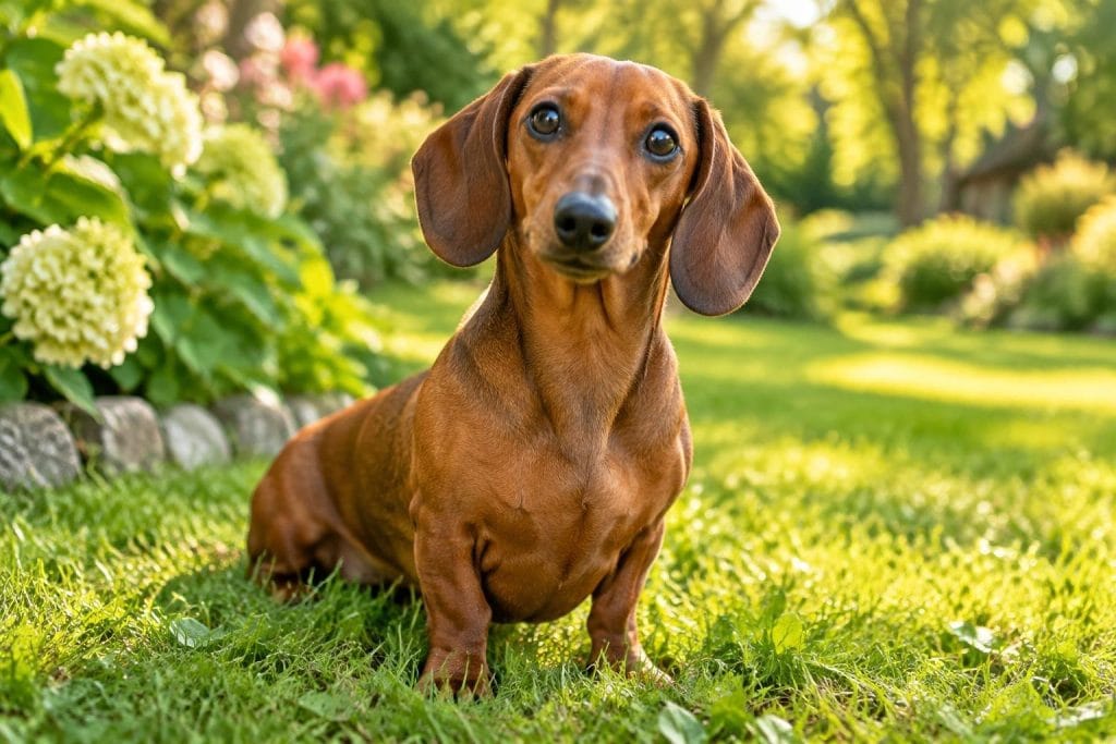 Teckel à poil roux assis attentivement dans un jardin ensoleillé, regard vif et oreilles tombantes sur fond de verdure floue.