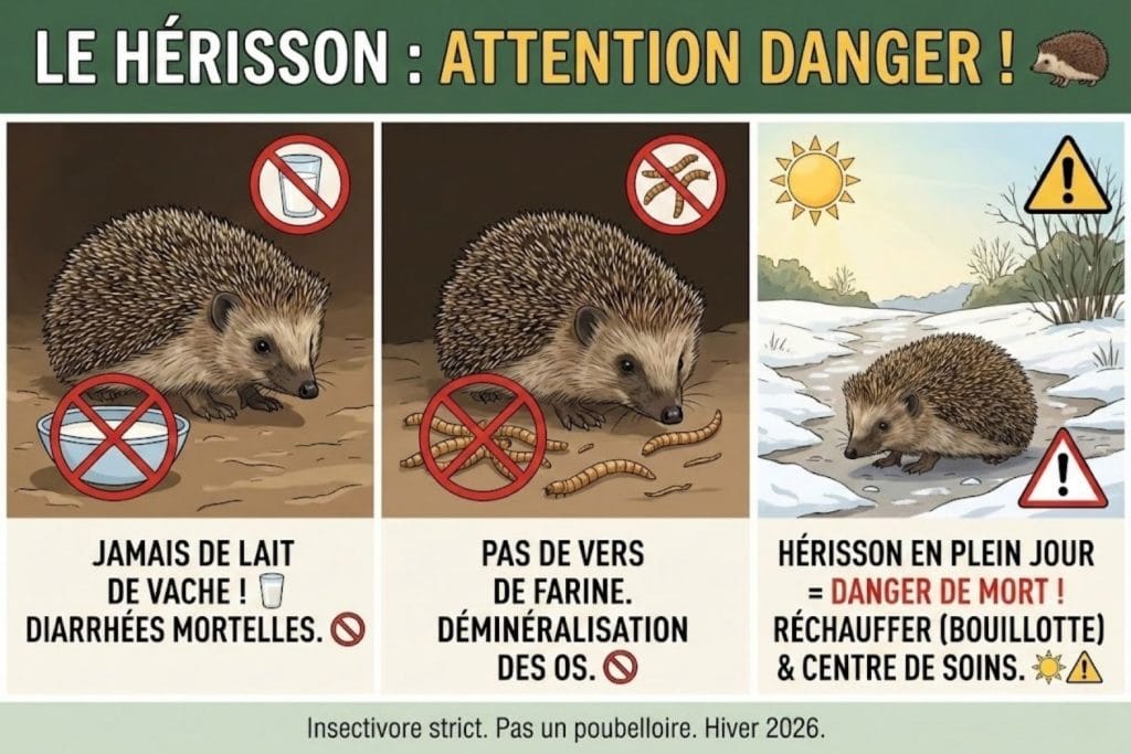 Infographie dangers hérisson hiver : interdiction lait de vache et vers de farine, alerte hérisson en plein jour nécessitant réchauffement et centre de soins.