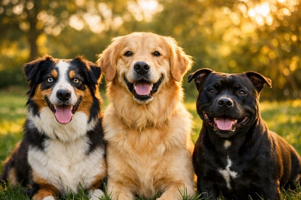 Trois chiens heureux dans un parc ensoleillé : Golden Retriever, Berger Australien et Staffordshire Bull Terrier