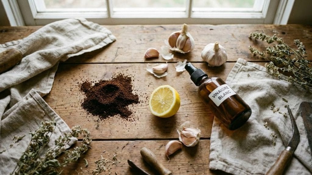 Ingrédients naturels pour faire fuir les chiens : citron, marc de café, ail et vinaigre blanc