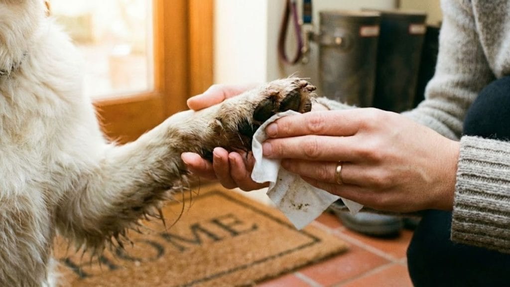Nettoyage des pattes d'un chien pour maintenir l'hygiène de la chambre.