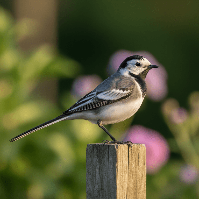Photographie d'une bergeronnette grise, petit oiseau blanc et noir commun dans les jardins.
