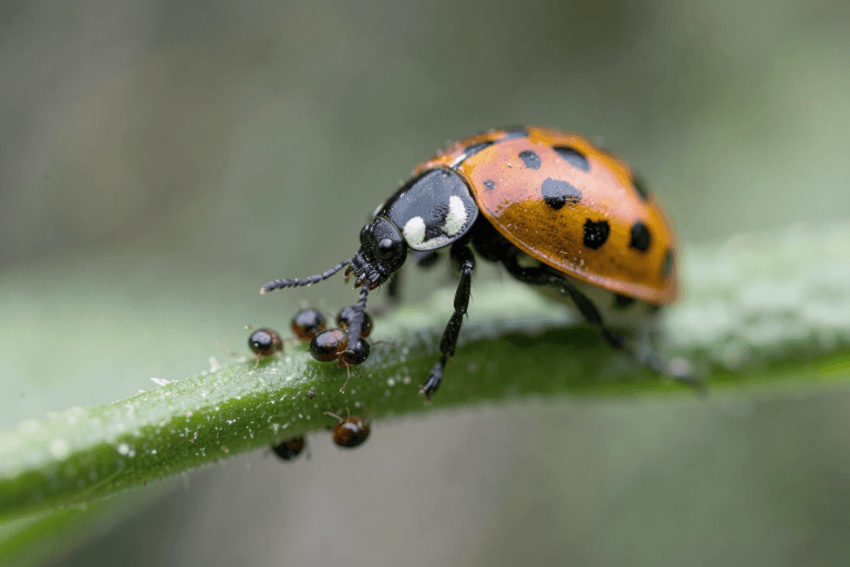 Photographie macro d'une coccinelle mangeant des pucerons sur une plante